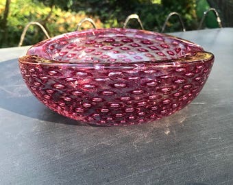 Murano Venini controlado Bubble Art Glass Cigar Ashtray Bowl Vintage Mid-Century Hydrangea Pink Sommerso Ravenna