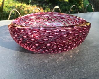 Murano Venini Controlled Bubble Art Glass Cigar Ashtray Bowl Vintage Mid-Century Hydrangea Pink Sommerso Ravenna