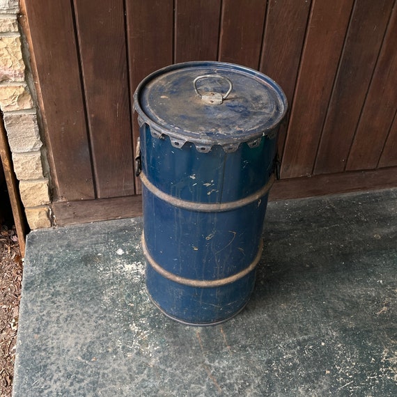 Navy Blue Oil Drum Trash Can + Lid Workshop Ratrod Steel Barrel