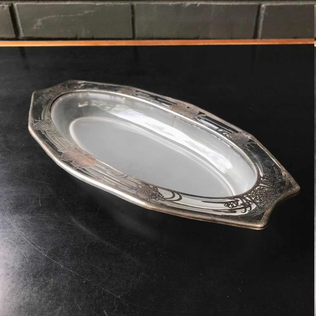 Fish Motif Silver Inlay Glass Oval Bowl Dish Boat Platter Etsy