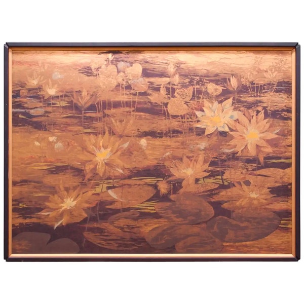 1960s Print Framed Van Amstel California Wall Art Golden Water Lilies Lithograph Flowers Lily Impressionist Vintage Mid-Century