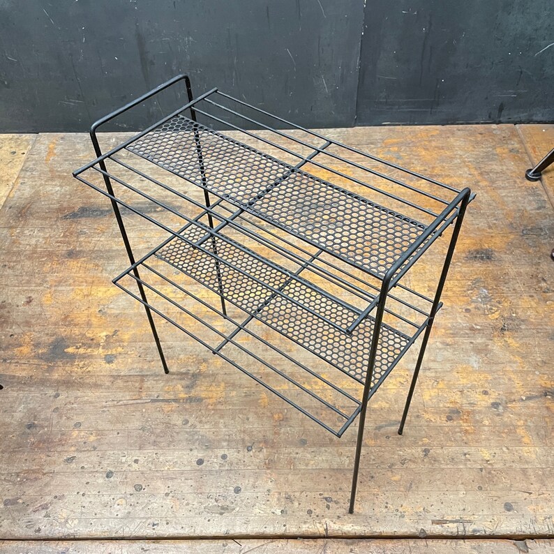 Atomic Wire Two Tier Side Table Rack Vintage Mid-Century Apartment Modern Plant Stand 1950s Black Perforated image 2