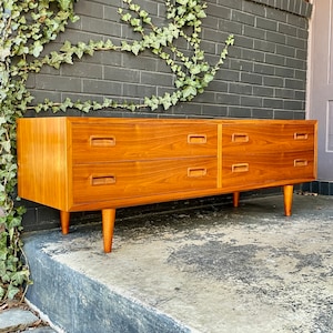 1960s Danish Teak Low Media Cabinet Chest of Drawers Vintage Mid-Century Poul Hundevad Chest of Drawers Low Boy image 1