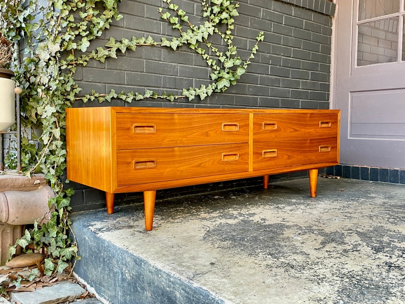 1960s Danish Teak Low Media Cabinet Chest of Drawers Vintage Mid-Century Poul Hundevad Chest of Drawers Low Boy image 1