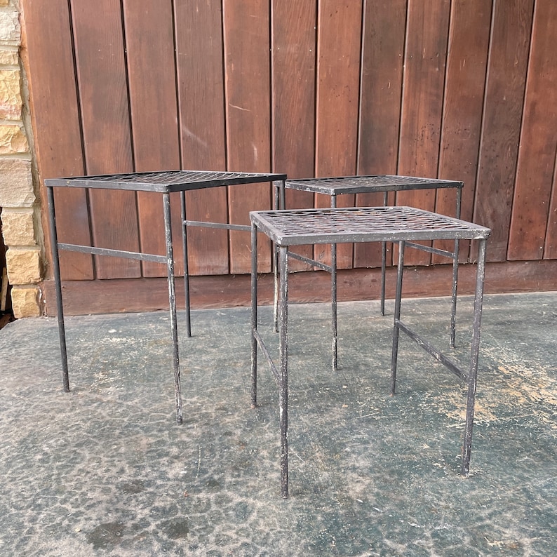 Salterini Style Outdoor Patio Furniture Nesting Tables Iron Expanded Metal Vintage Mid-Century Modernist image 5