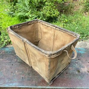 1950s Vintage Leather, Canvas Iron Laundry Basket Industrial Factory Vintage Steele Mfg image 5