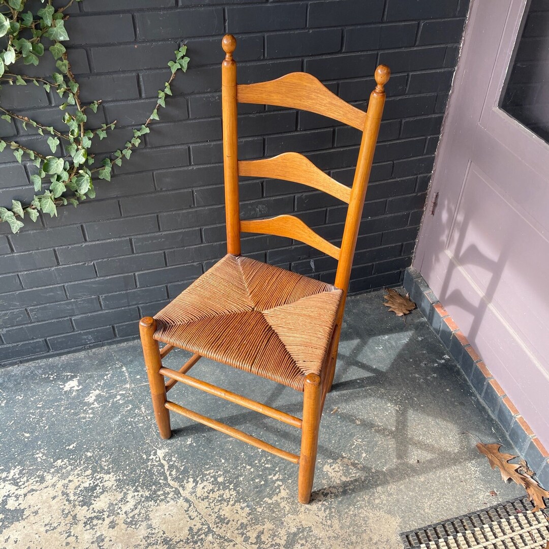 19th Century Ladder Back Chair Acorn Finials Rope Rush Seat
