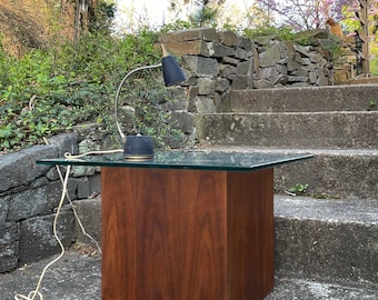 Walnut Cube Table Pedestal Glass Side Table Vintage Mid-century - Etsy