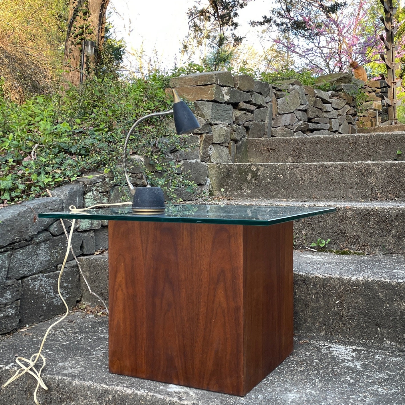 Walnut Cube Table Pedestal Glass Side Table Vintage Mid-century - Etsy