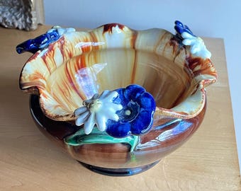 Royal Vienna Figural Garden Bowl Floral Decor Sculptures Vintage Early Century Victorian Majolica Vivid Glaze Drippy Colorful Stoneware