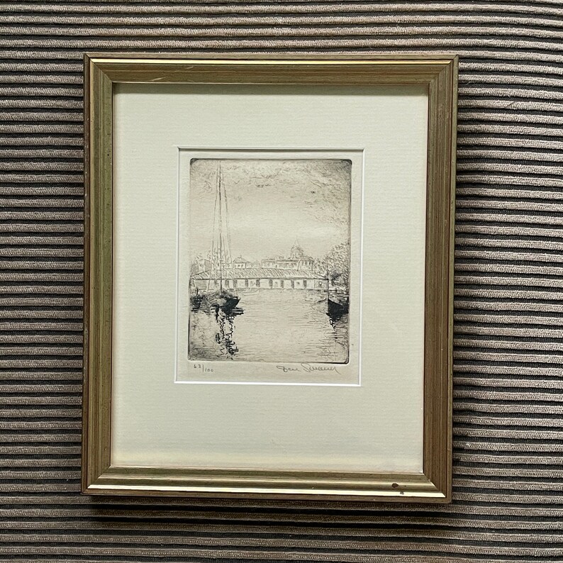 Vintage Etching Bridge River Scene Stone Lithograph Countryside Boat Unknown Artist Signed Mid-Century image 4