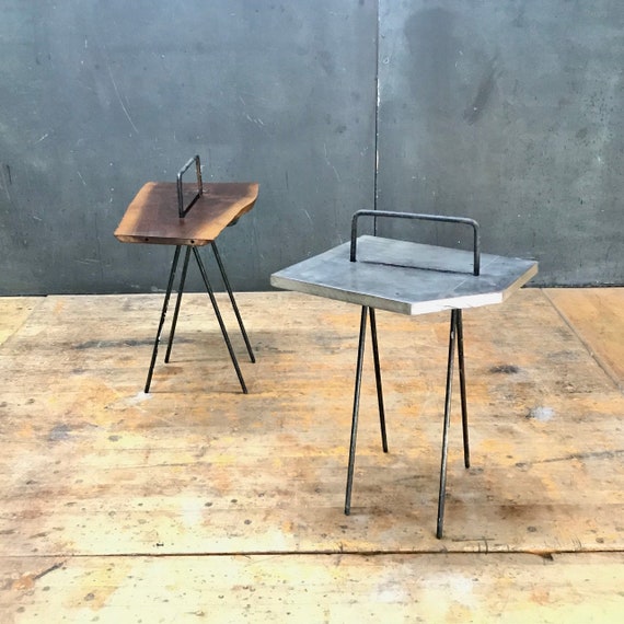 vintage cigarette table One Vintage Mid-century Side Cigarette Table Walnut or Slate Iron Rod Stand  Endtable