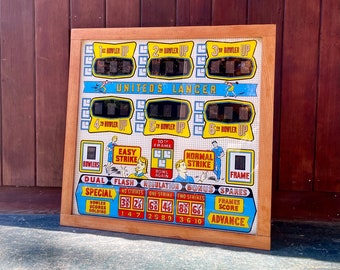 Placa de portada del juego de bolos Lancer de United Vintage 1950s Mid-Century Arcade