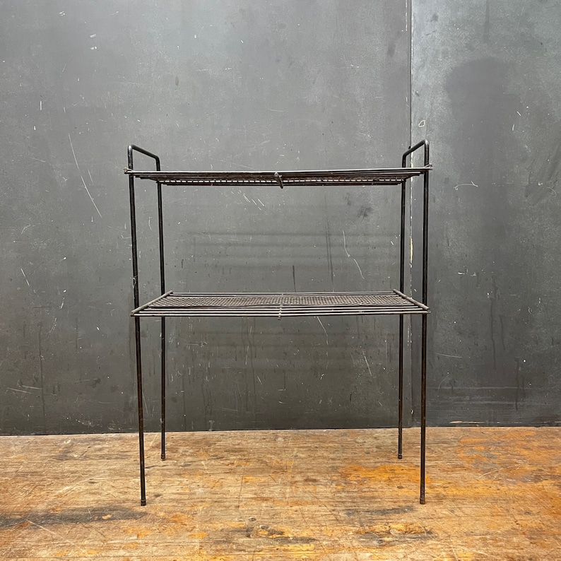 Atomic Wire Two Tier Side Table Rack Vintage Mid-Century Apartment Modern Plant Stand 1950s Black Perforated image 4