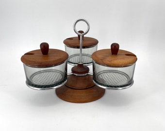 Danish Teak Condiment Spice Service Three Tri-Bowl Server Vintage Mid-Century