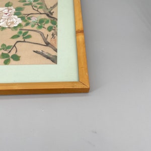 Vintage Mid-Century Japanese Painting on Linen Bird Scene image 3