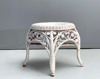 American Victorian Wicker Low White Stool Vintage Cottage