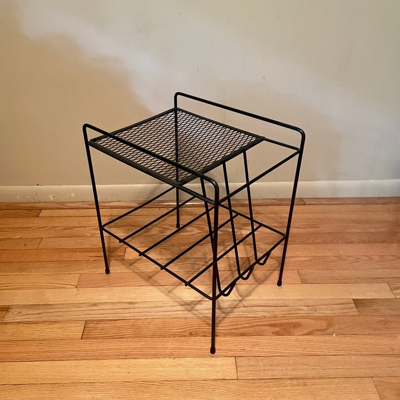 1950s Atomic Side Table Plant Stand Vinyl Record Holder Wire Mesh Expanded Metal Vintage Mid-Century Modernist image 1