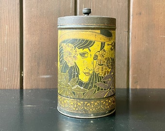 1930s Antique Tea Can Cannister Black Gold Women Face of Flapper Vintage Art Deco