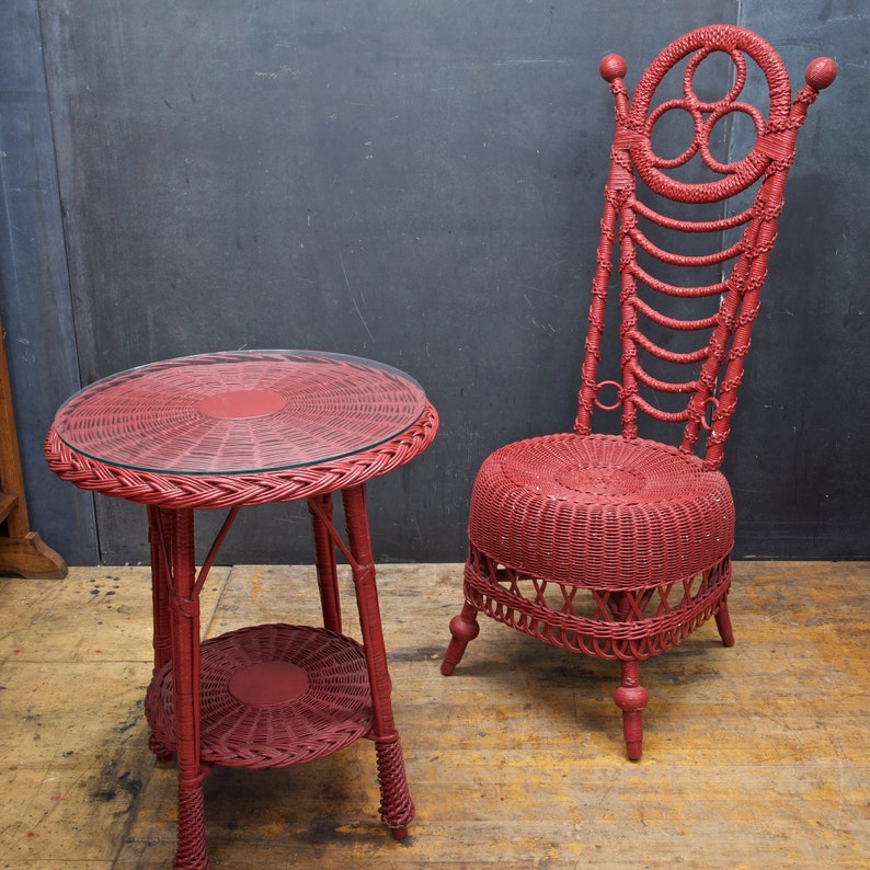 Antique 1900s Victorian Highback Wicker Parlor Chair Red Painted Rattan Woven image 6