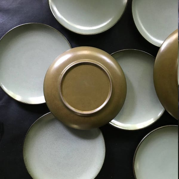 8 Vintage Heath Ceramics Pottery Olive Green and Blue Bread Salad Plates Mid-Century Rare Replacements Dining Serving Atomic Ranch