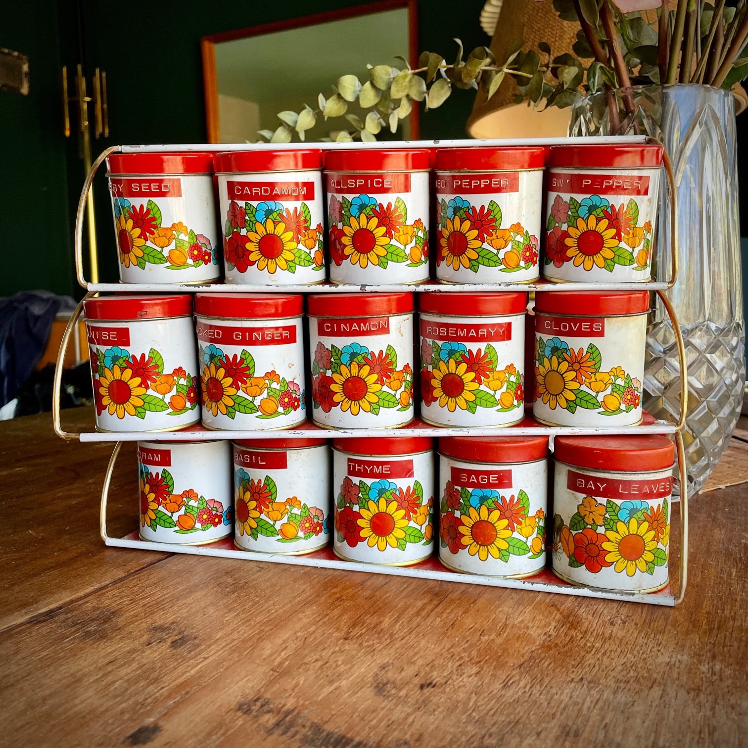 1960s Mid-century Tin Wall Spice Racks 3 Sets Rows Vintage Floral