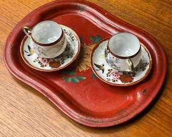 Tea for Two Set with Tray Japan Egg Shell Porcelain + England Toleware Flower Mount Fuji