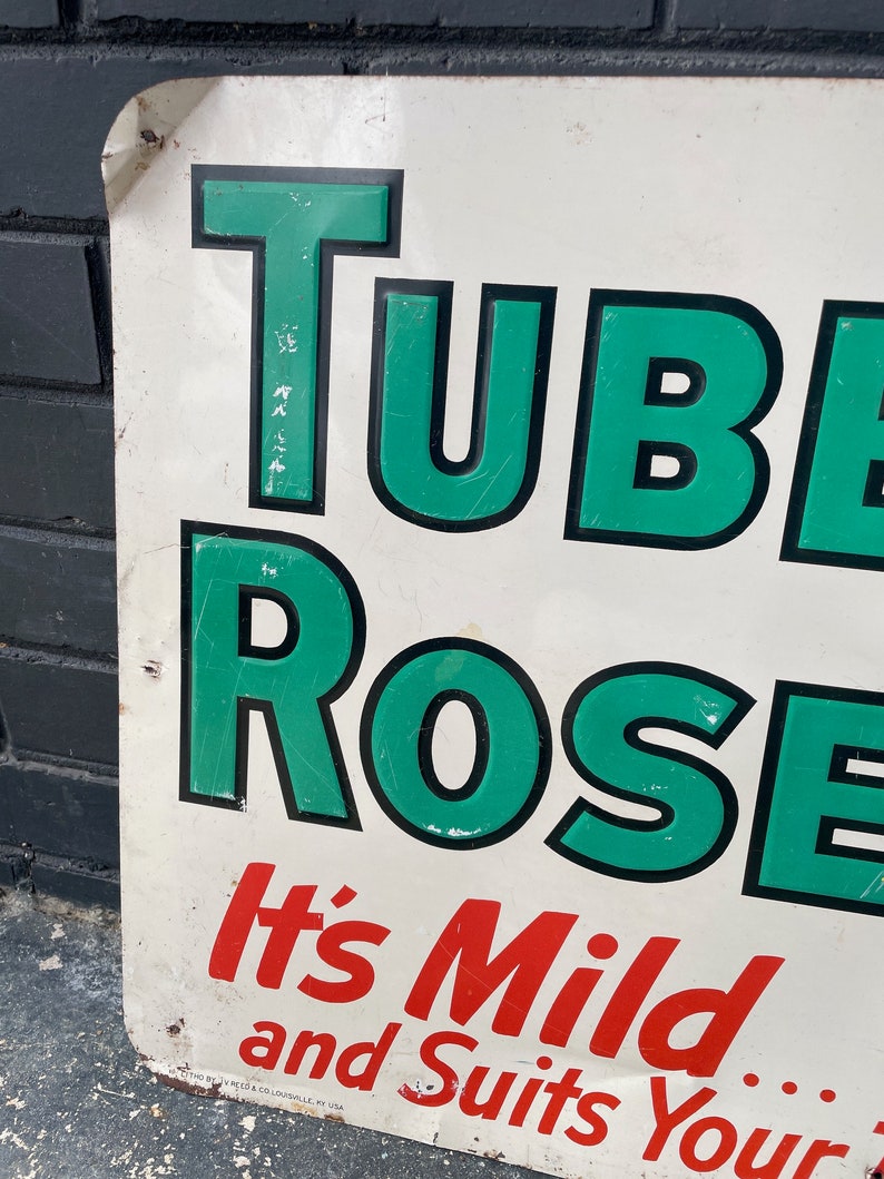 Vintage Tube Rose Tin Sign Antique Mid-Century Snuff Tobacco Advertising Wall Art Hanging image 3