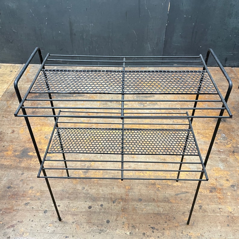 Atomic Wire Two Tier Side Table Rack Vintage Mid-Century Apartment Modern Plant Stand 1950s Black Perforated image 3