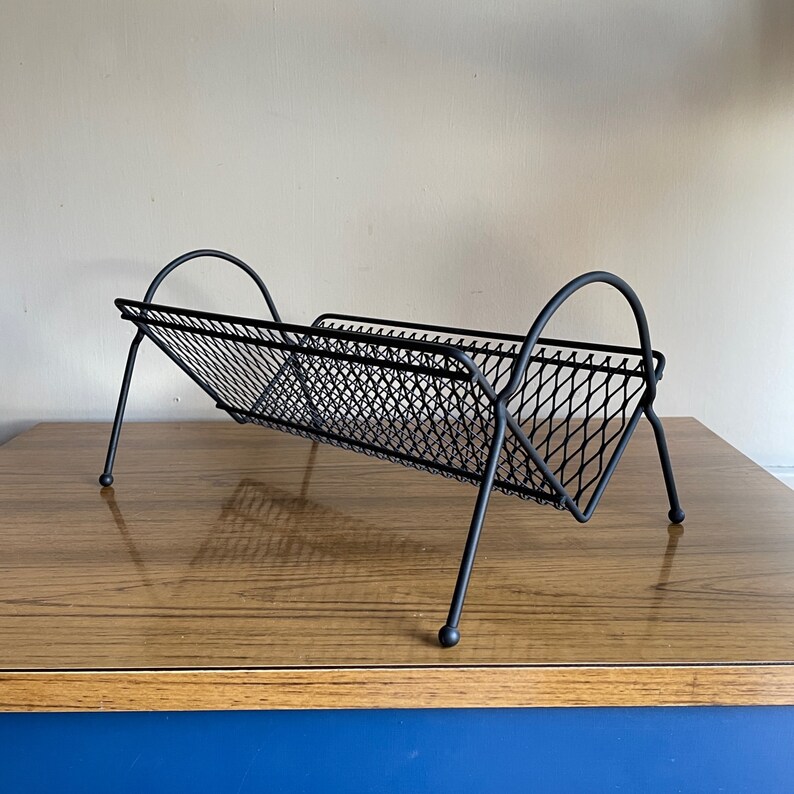 1950s Atomic Expanded Metal 8-Track / Book Rack Vintage Mid-Century American Black Wire Shelf Desk Organizer image 4