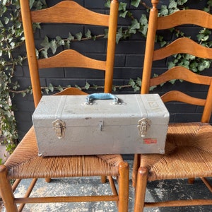 Vintage Industrial Union Made Toolbox with Enamel Blue Steel Handle Interior 1940s 1950s image 2