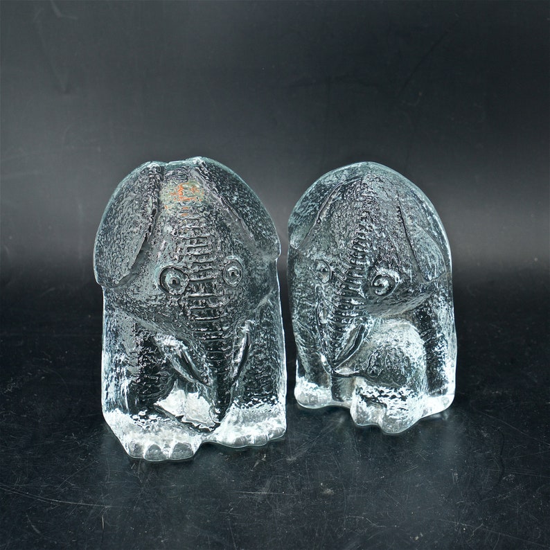 1970s Blenko Elephant Family Pop Mom Baby Crystal Glass Bookends Vintage Mid-Century 1970s Mod Decor Bookshelf Desk Accessory Paperweight image 1