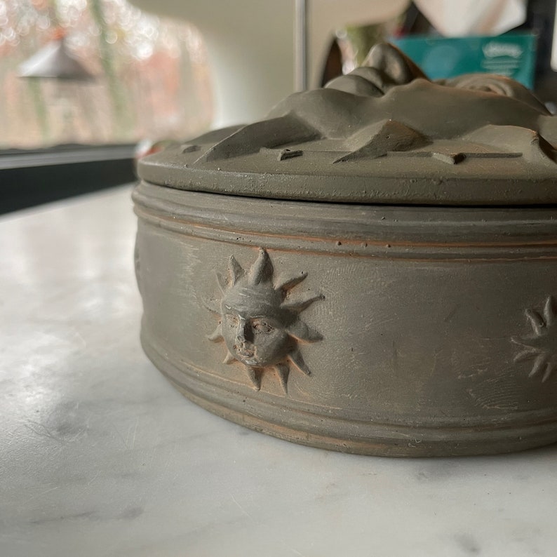 Vintage Sun Face Terracotta Lidded Bowl Dish Jewelry Box image 7