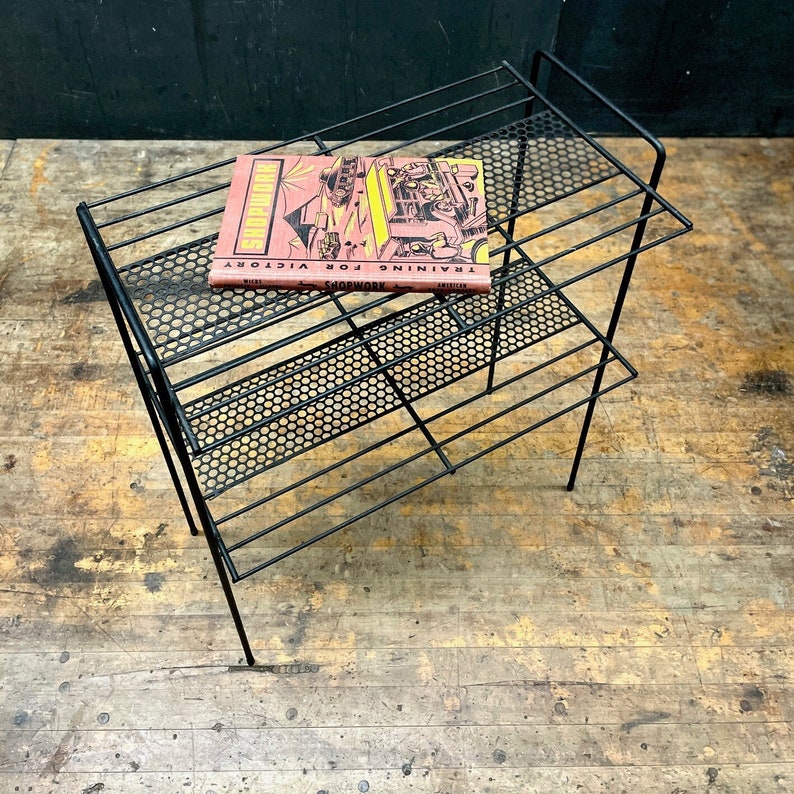 Atomic Wire Two Tier Side Table Rack Vintage Mid-Century Apartment Modern Plant Stand 1950s Black Perforated image 1