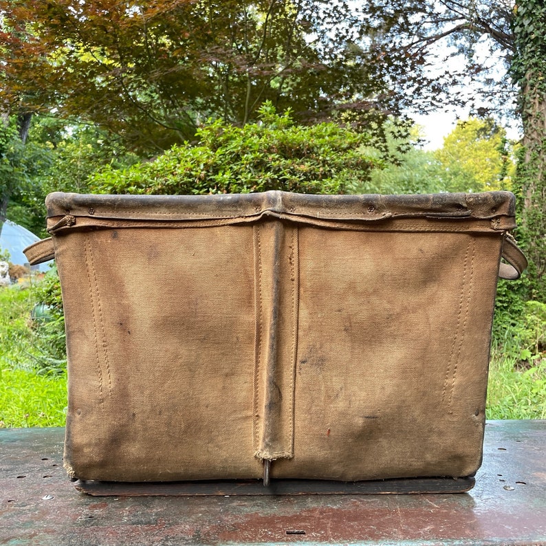 1950s Vintage Leather, Canvas Iron Laundry Basket Industrial Factory Vintage Steele Mfg image 2