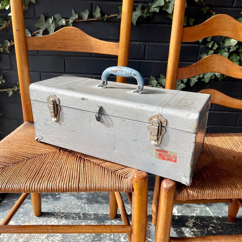 Vintage Industrial Union Made Toolbox with Enamel Blue Steel Handle Interior 1940s 1950s image 1