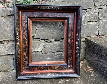 Highly Ornate Picture Frame Victorian Era Eastlake Floral Inlays Mansion Black Lacquered Portrait