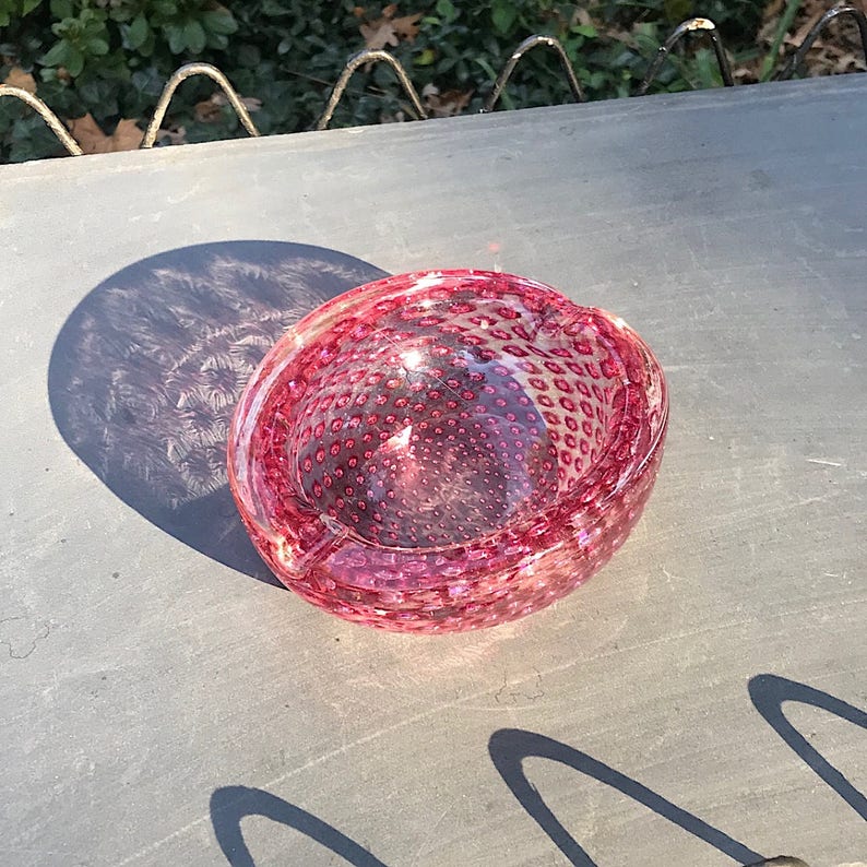 Murano Venini Controlled Bubble Art Glass Cigar Ashtray Bowl Vintage Mid-Century Hydrangea Pink Sommerso Ravenna image 4