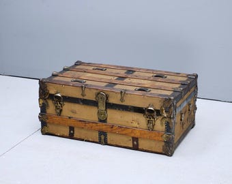 Vintage Victorian Era Steamer Trunk Flat Top Coffee Table