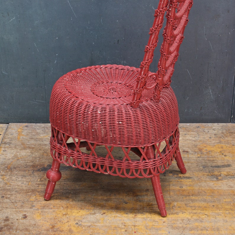 Antique 1900s Victorian Highback Wicker Parlor Chair Red Painted Rattan Woven image 3