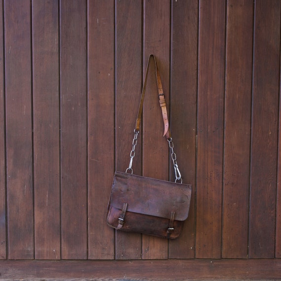 1930s Leather Bag Messenger Style Folding Flap Buckles Vintage Mid 