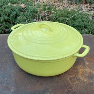 以下が含まれることがあります： 丸いライムグリーンの鋳鉄製ダッチオーブンと、お揃いの蓋。 蓋にはループハンドルと同心円のデザインがあります。 ポットには2つのサイドハンドルが付いています。 ポットは錆びた金属の表面に置かれています。