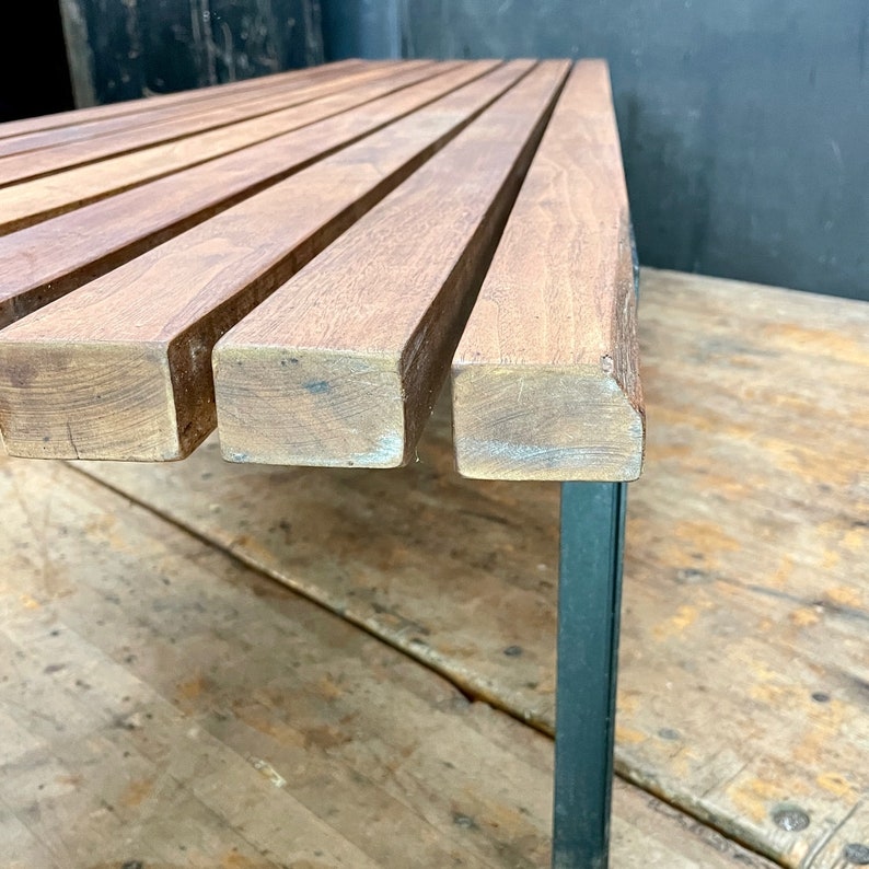 1950s Rare Florence Knoll T-Angle Coffee Table Bench for Knoll Associates Vintage American Mid-Century Walnut Slat T-Bar Bench Angle Iron image 6