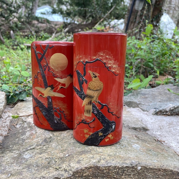 Pair Japanese Tea Canisters with Pastoral Scene Birds Stork Vintage Mid-Century 1960s Red Lacquer