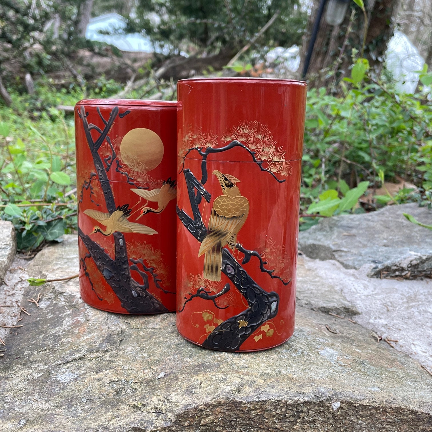 Pair Japanese Tea Canisters with Pastoral Scene Birds Stork Vintage Mid-Century 1960s Red Lacquer 