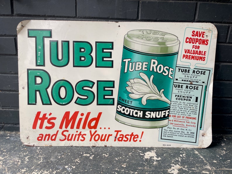 Vintage Tube Rose Tin Sign Antique Mid-Century Snuff Tobacco Advertising Wall Art Hanging image 2