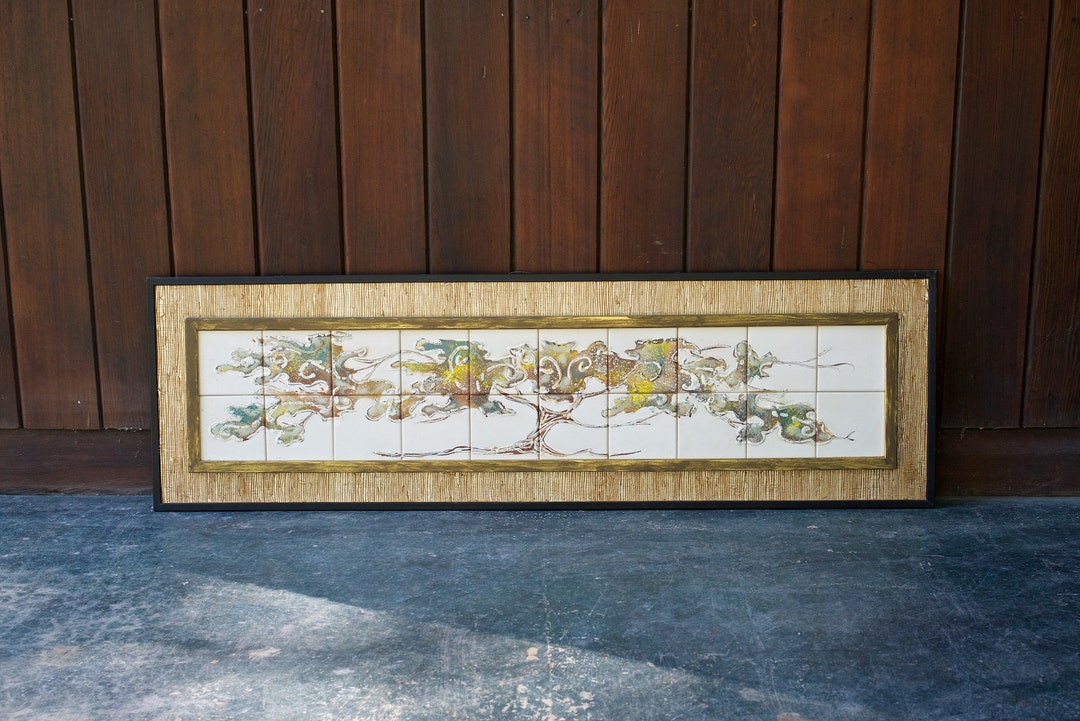 Midcentury House of Ransu Ceramic Tile Wall Decor Fine Art Abstract Tree Form on Grass Cloth