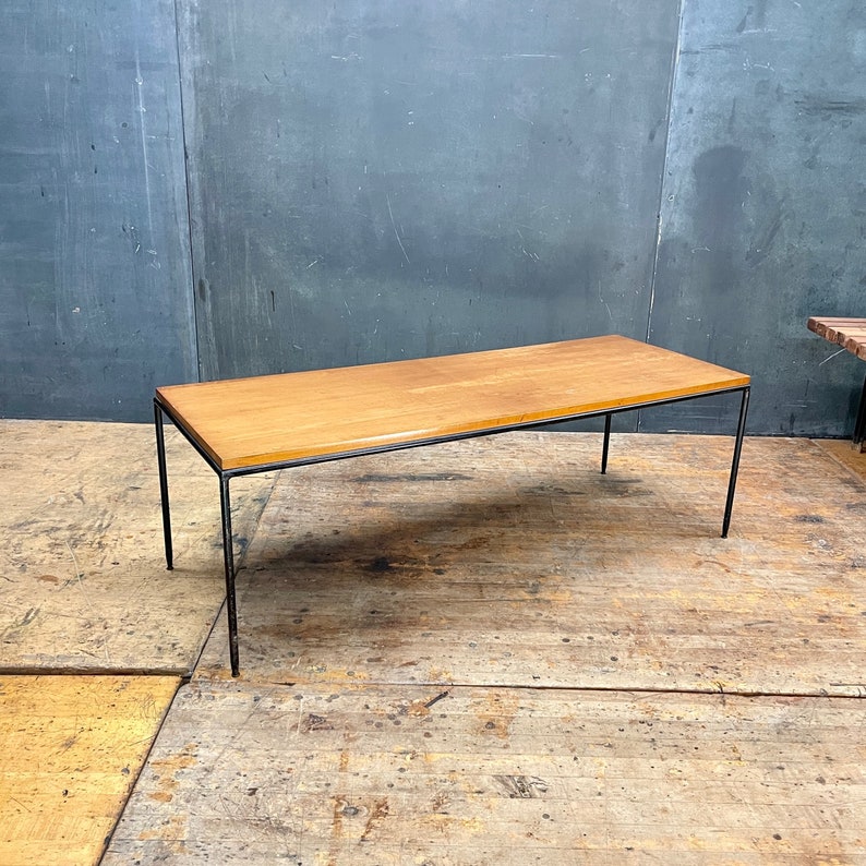 1950 Paul McCobb Coffee Table Tobacco Iron Rod Early Production Glide Feet Worn Surface Vintage Mid-Century Modern image 1