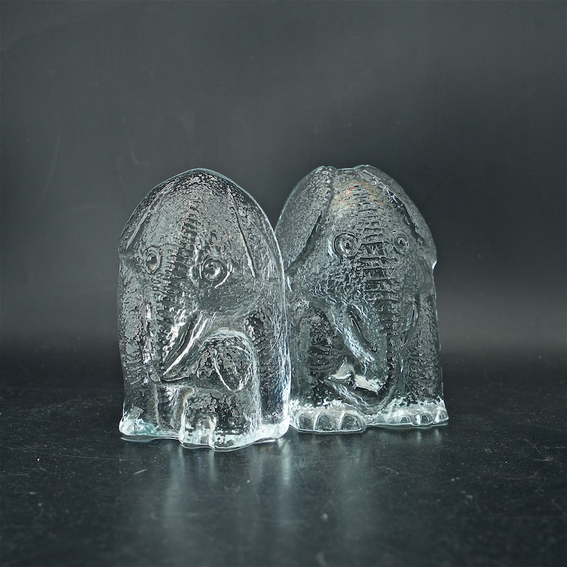 1970s Blenko Elephant Family Pop Mom Baby Crystal Glass Bookends Vintage Mid-Century 1970s Mod Decor Bookshelf Desk Accessory Paperweight image 2