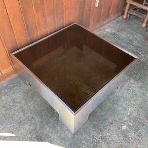 Vintage 1970s Steel Smoked Glass Block Coffee Table like Milo Baughman / Paul Mayen / Paul Evans image 3